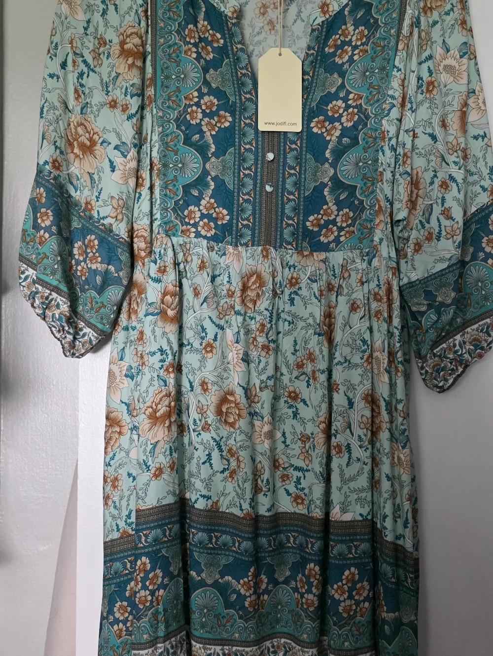 Boho Floral Tiered Midi Dress in Aqua & Teal - Picture 4 of 5